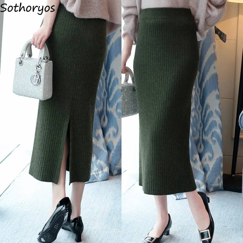 

Skirts Women Thicker Plus Velvet Warm Solid Simple All-match Large Size Knitting Skirt Womens Korean Ulzzang Elegant Ladies Chic