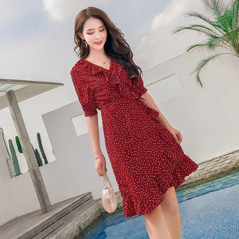

Spring Summer Women Dress Wave Dot Dress Elegant Office Lady Vestido De Festa Dress Vestido Short Red Dresses