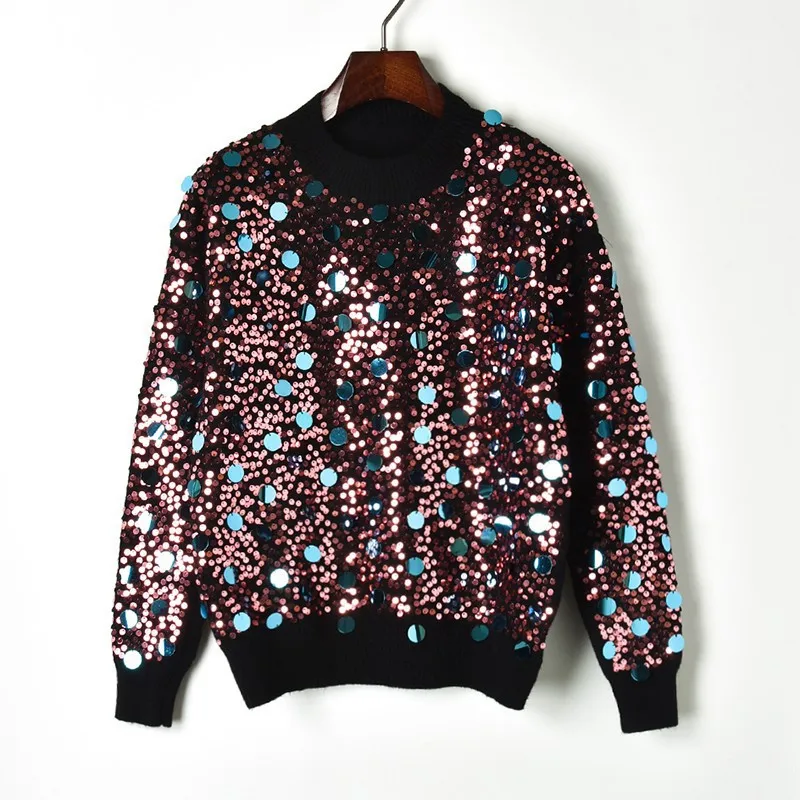 

Winter Knitted Sweater Women 2019 Shiny Sequined Sweater And Pullovers Casual Jumpers Long Sleeve O-neck Sweater Women Top