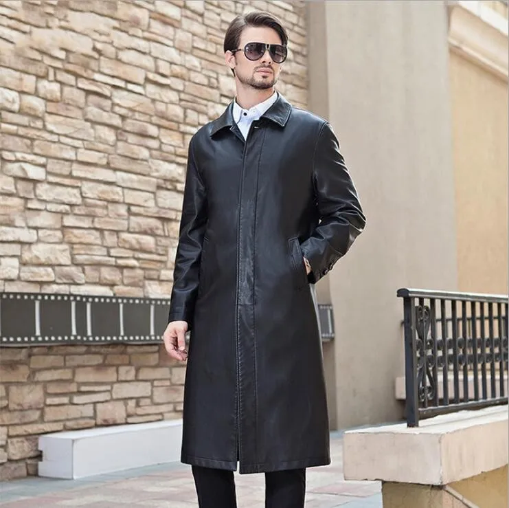 Новая зимняя мужская Длинная кожаная куртка с меховым воротником, мужская деловая Повседневная однобортная ветровка, мужской модный Тренч