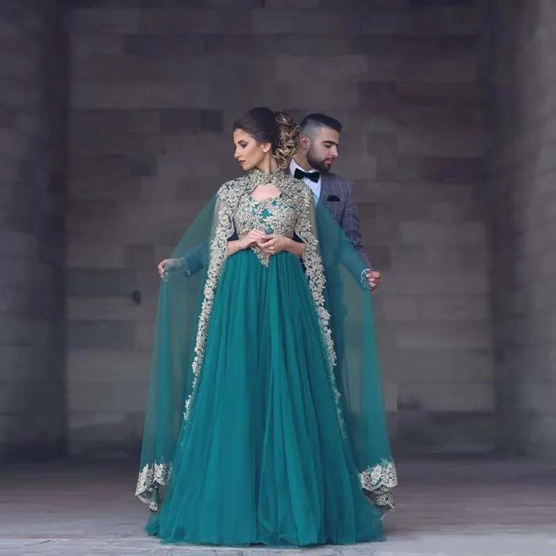 Elegant Green Arabic Evening Gowns With High Neck Applique Floor Length Jacket Cape Tulle Formal Evening Gown Long India style149
