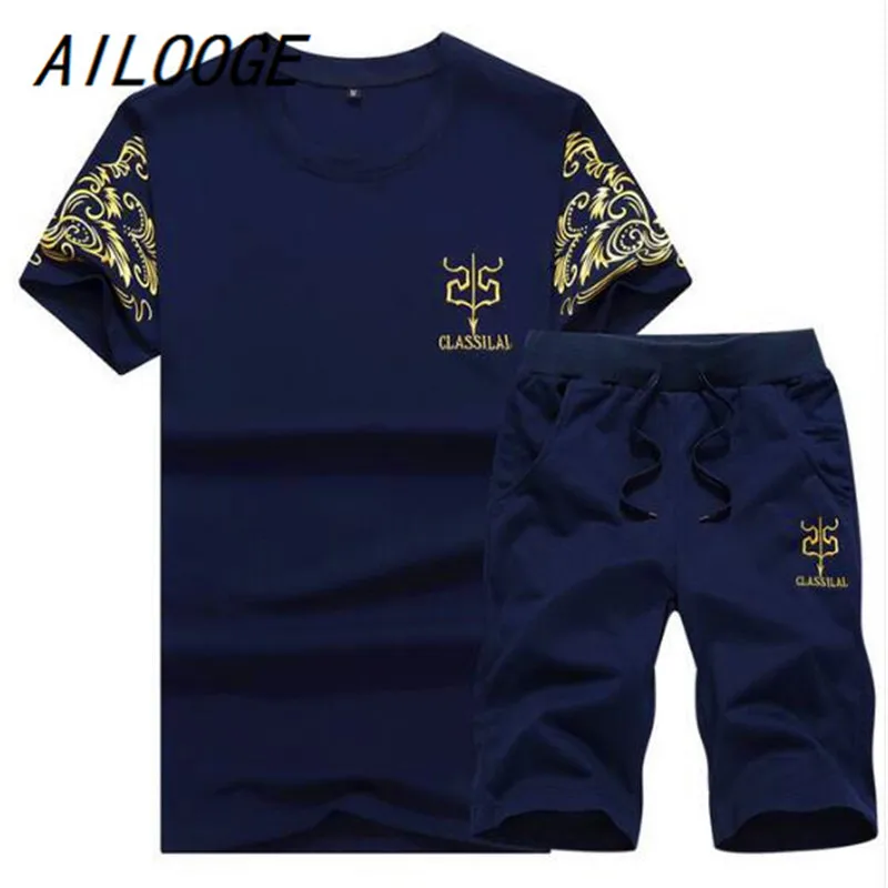 AILOOGE спортивный костюм и футболка комплект Для мужчин s футболка шорты + короткие штаны Для мужчин Летний тренировочный костюм Для мужчин