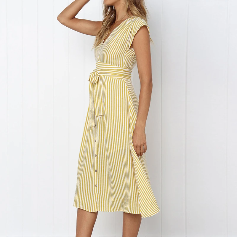 Women's Striped Mid-Calf Dress New Fashion Button Sexy V-Neck Short Sleeve Dresses Vestidos Female Casual Daily Party Sundress