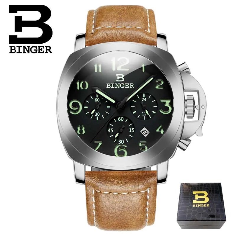 New BINGER Luxury Brand Quartz Watches Men analog chronograph Clock Men Sports Military Leather Strap Fashion Wrist Watch - Цвет: 02