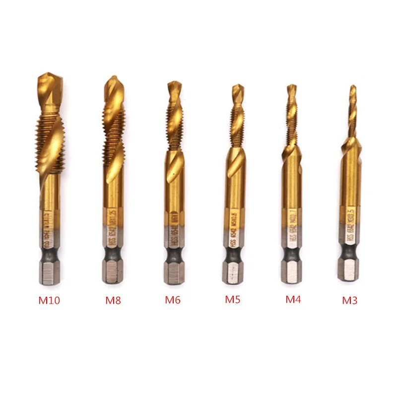 

Multi-function HSS 6542 Taps 6PCS Titanium-plated Hex Shank Spiral Machine Tap with Drill Hole Chamfering Tapping M3-M10