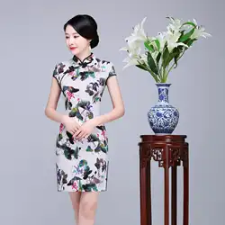 Новые летние женские короткий рукав Cheongsam S-3XL китайский Для женщин из хлопка и льна воротник-стойка Qipao пикантные с цветочным принтом