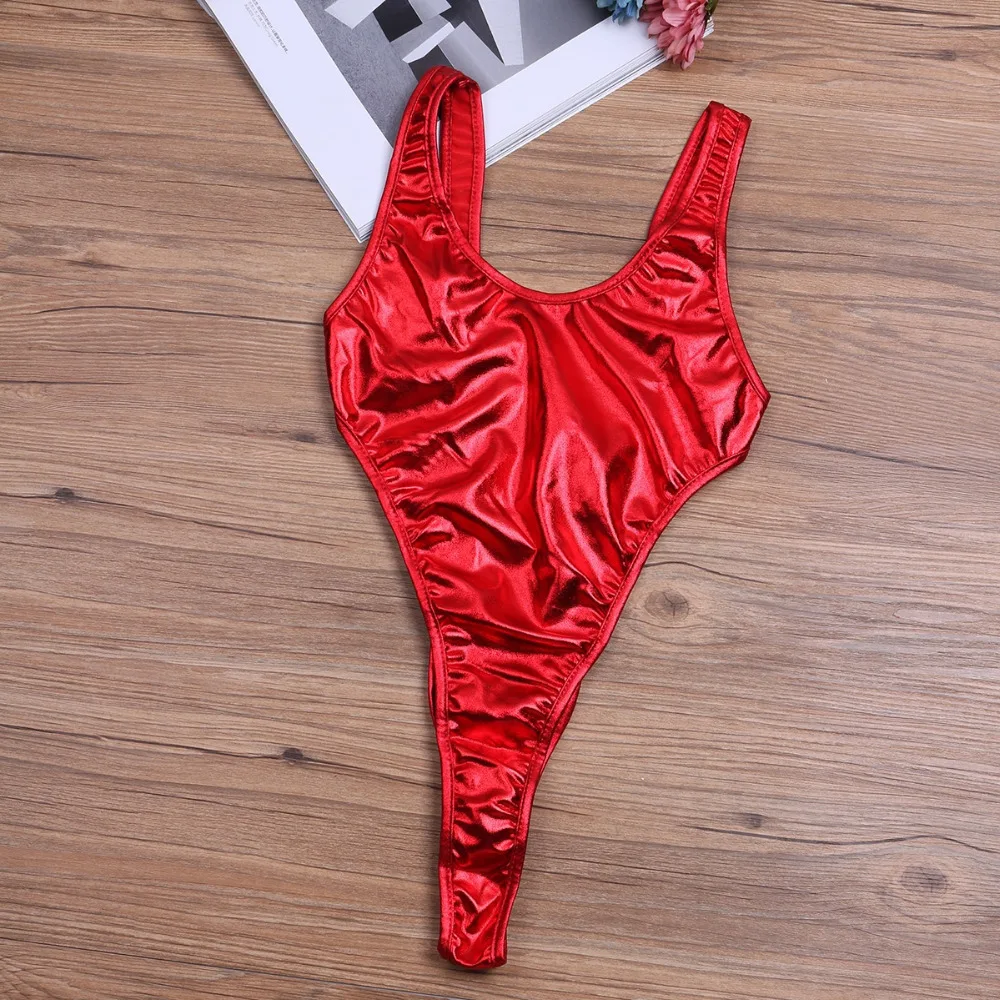 Лакированная кожа купальник Женская одежда для плавания Монокини-боди с высокой вырезом на спине стринги купальник цельный купальник купальный костюм