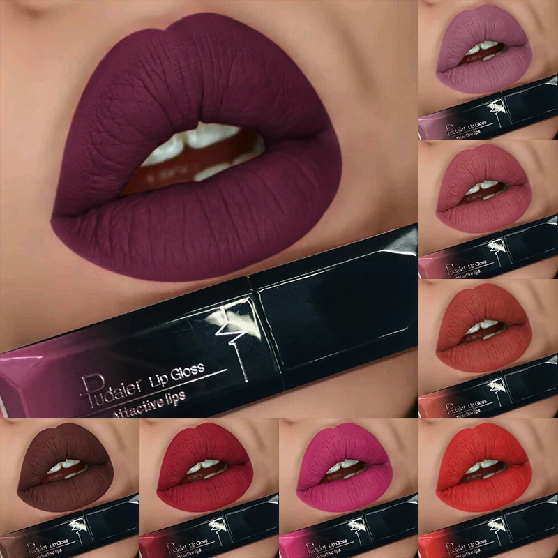 

hot pudaier brand waterproof lip gloss matte liquid lipstick matte lipstick lipkit cosmetics makeup nude purple black rose
