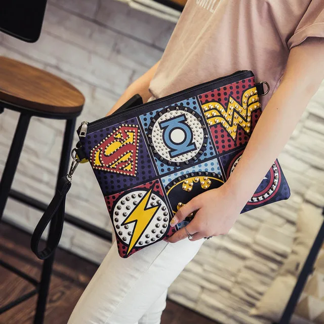 

Marvel Clutch Fashion Retro PU Leather Supercool Superhero Avengers Rivet Gothic Punk Handy Wrist Clutch Bag Unisex Shoulder bag