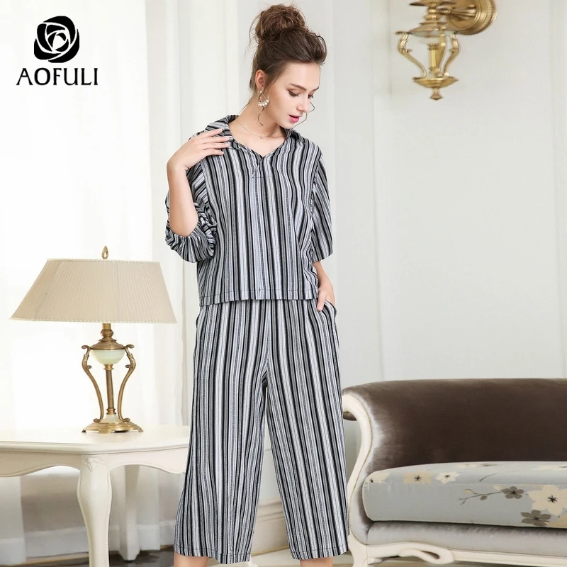 L~ XXXL 4XL 5XL женский костюм из двух частей для размера плюс, летний женский комплект, топы с рукавами-фонариками, широкие штаны AOFULI A3659
