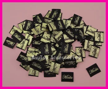 

300PCS 16mm*20mm Black Satin Ribbon Label with embroidered golden glitter "MADE",Bargain for Bulk