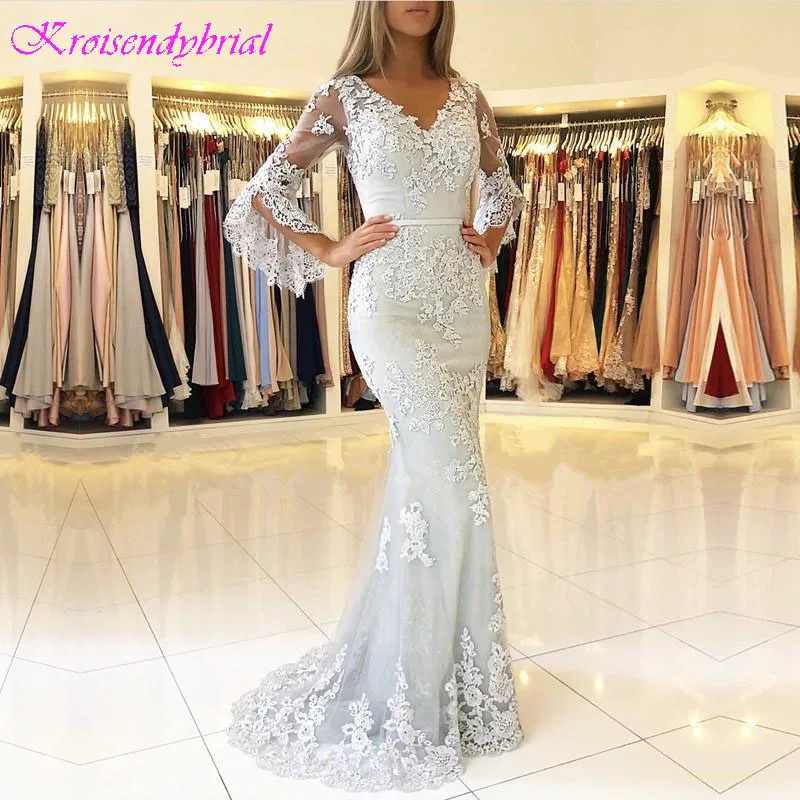 

DZW200 Silver Evening Dresses 2019 Mermaid V-neck 3/4 Sleeves Lace Beaded Islamic Dubai Saudi Arabic Long Elegant Evening Gown