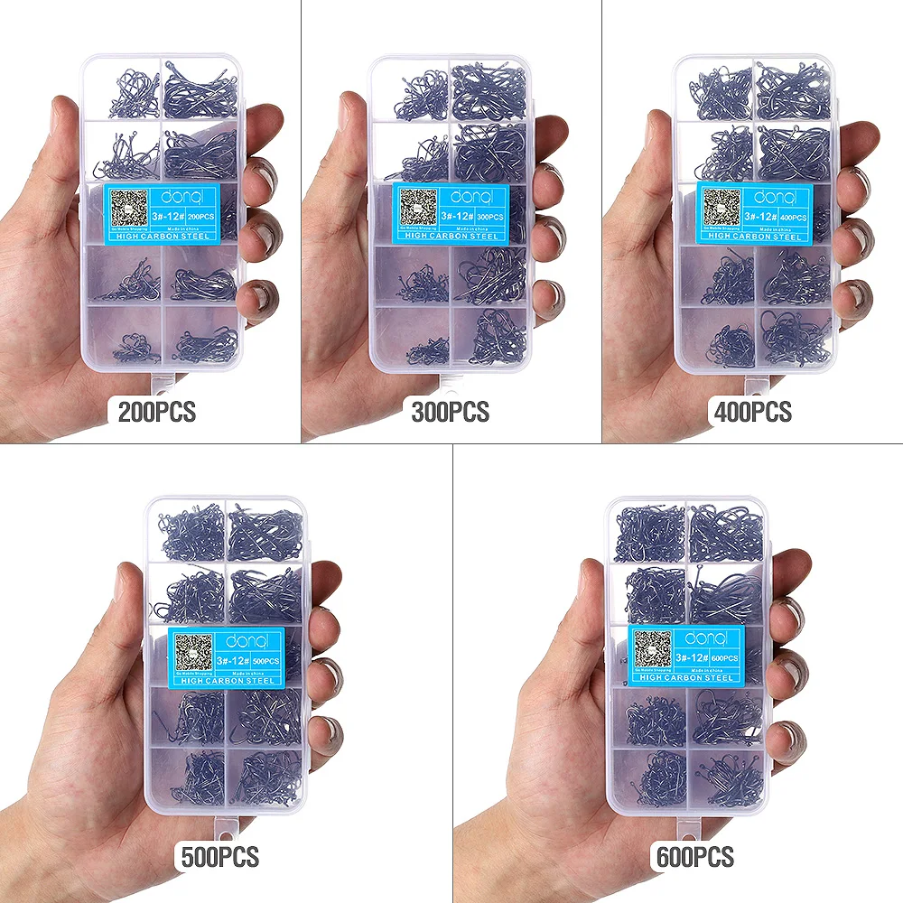 DONQL 200-600pcs/ Box Barbed Fishing Hooks 3#-12# Carp Single Fishihook Set Fly Fishing Accessories Carbon Steel Jig Sea Hooks DONQL 200-600pcs/ Box Barbed Fishing Hooks 3#-12# Carp Single Fishihook Set Fly Fishing Accessories Carbon Steel Jig Sea Hooks