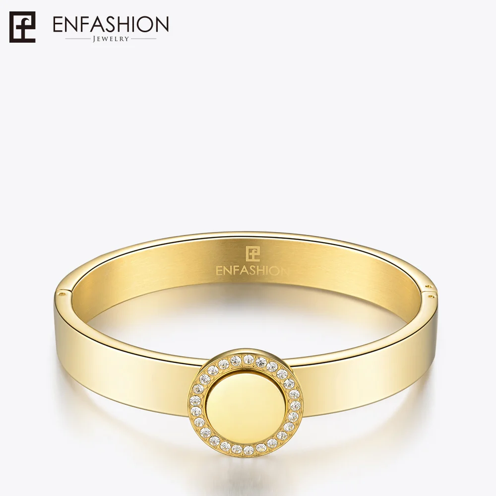 

Enfashion Play Series Crystal Disc Cuff Bracelet Bangle Gold color Engrave Name Bangles Bracelets For Women DIY Jewelry 70048005