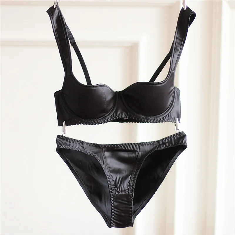 

Fashion women's single-bra glossy deep V-neck mini cup thin cotton cup sexy glossy vintage brief underwear set