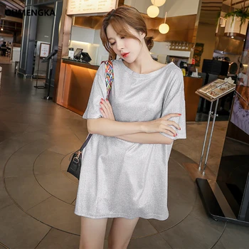 

OUMENGKA Fashion Shiny Short Sleeve T Shirt Women Summer Club Party Long Tee Shirts Sexy Loose O Neck Short Tops