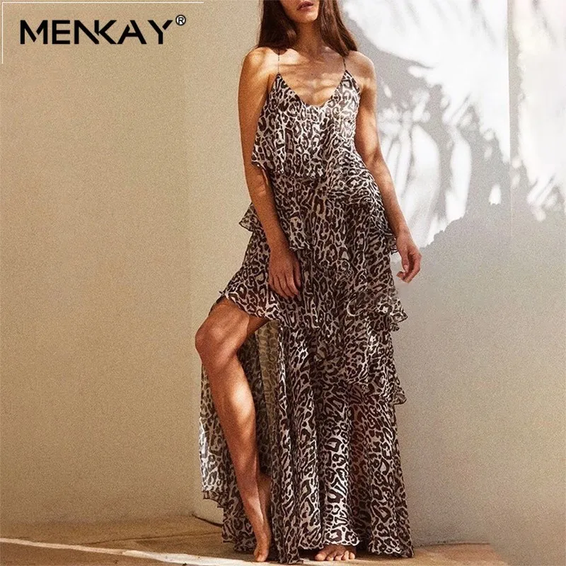

[MENKAY] Leopard Sleeveless Sexy Women Beach Dress Strap High Waist Ruffle Side Split Maxi Dresses Female Fashion 2019 Summer