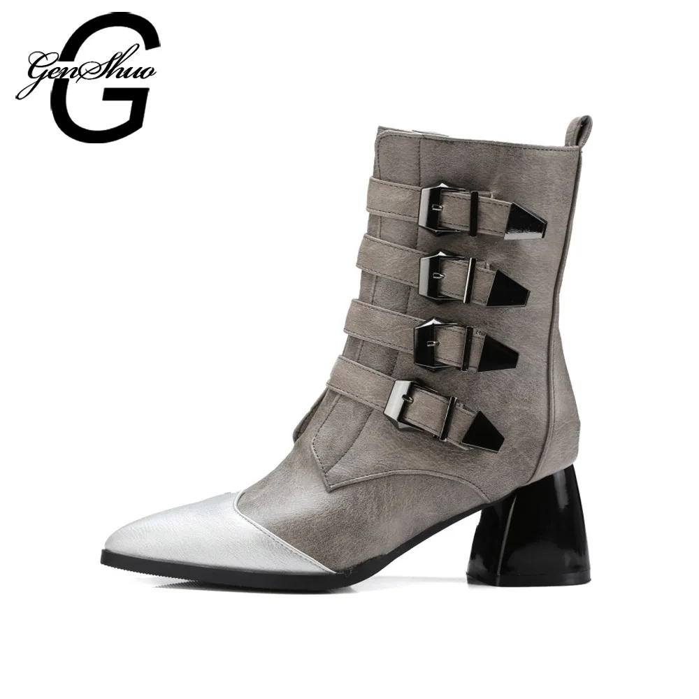 

GENSHUO Fashion Women Winter Shoes Mid Calf Boots Buckle Strap Boots Stiletto Women Pumps Patchwork Pointed Toe High Heels Shoes