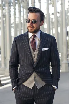 

2019 3 Pcs Stripes Black Men Suit Blazer With Pants Gentlemen Formal Party Tuxedo Terno Business Men Suit(Jacket+Pants+Tie+vest)