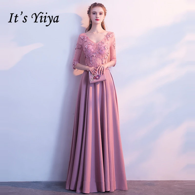 

It's Yiiya Formal Evening Dresses V-Neck Half Sleeve Appliques Flower A-line Fashion Designer Elegant Formal Dress LX1087