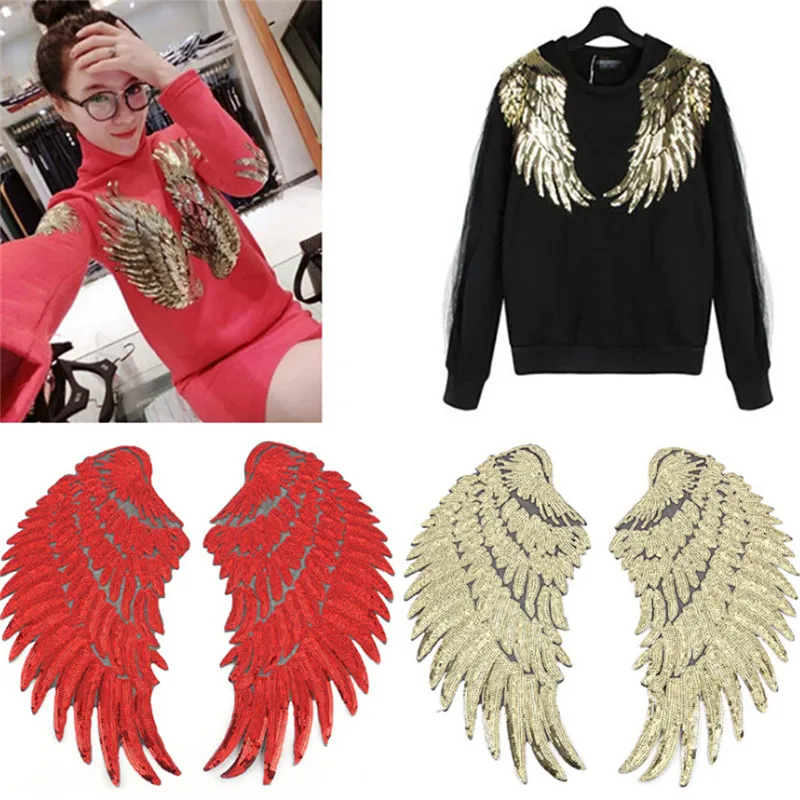 

1Pair Sequins DIY Angel Wings Patches For Kids Clothes Sew-on Embroidered Patch Motif Applique Sticker Sliver Gold Red Black
