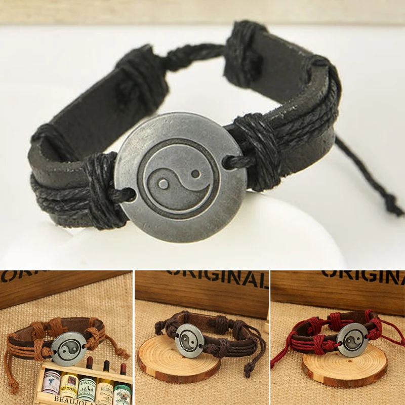 Charms Unisex Leather Bracelet Shellhard Punk Handmade Braided Wristband Yin Yang Bracelets & Bangles For Women Men Jewellery