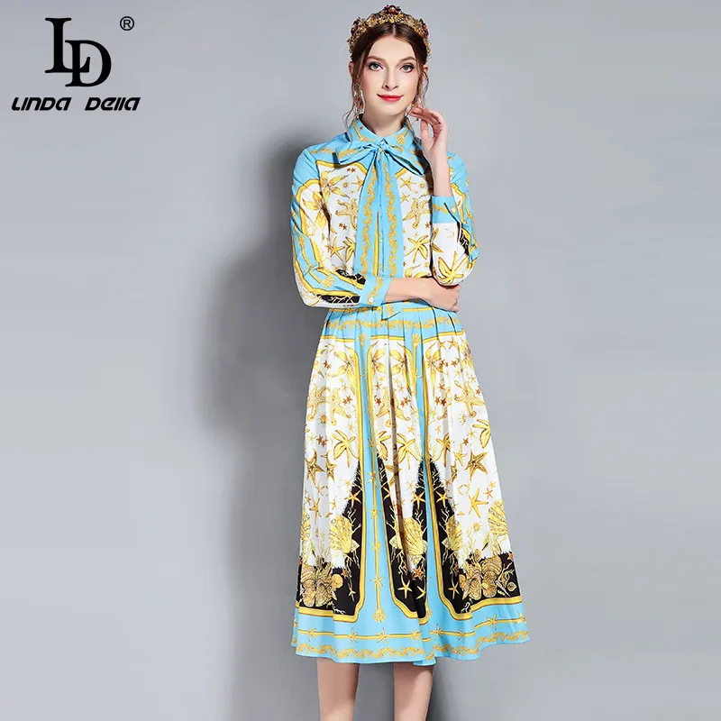 

LD LINDA DELLA New Designer Runway Suits Set Women's Long Sleeve Bow Collar Print Blouse and Vintage Skirt Two Piece Set