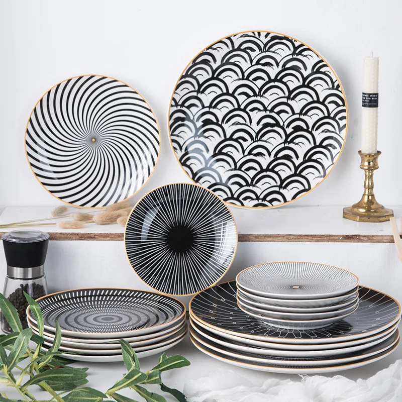 

1PC Tableware Phnom Penh Geometry Tableware 6/8/10 Inch Ceramic Dinner Plate Dish Porcelain Dessert Plate Dinnerware Cake Plate