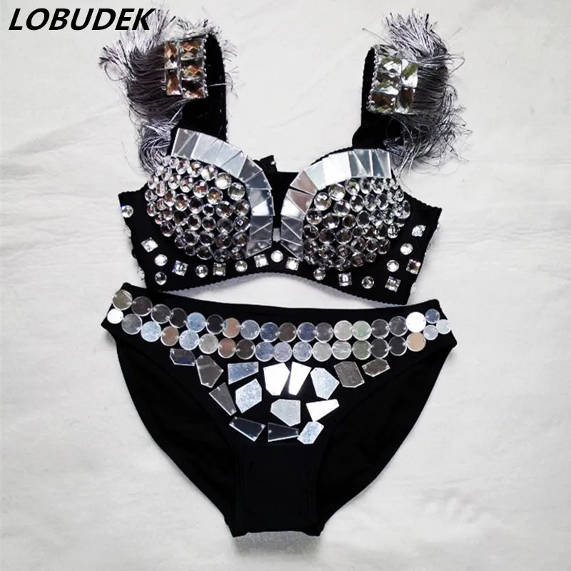 

Bar Female Pole dancing Costume Reflective Mirror Bikini Silvery Sparkly Crystals Tassels Bra Stage Wear Women Jazz Stage Outfit