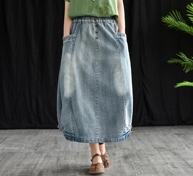 

Spring Summer Women Skirts Bud Solid Color Vintage Bleached Elastic Waist Loose Button Ankle-Length Female Skirts Denim Lady