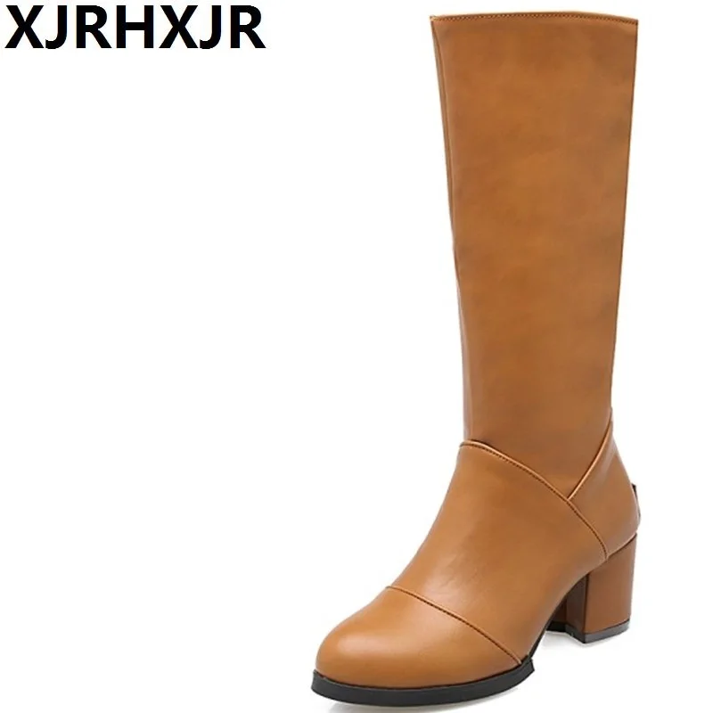 

XJRHXJR Plus Size 34-45 Women Thick Heel Mid Calf Boots Round Toe Leather Women High Heels Zipper Shoes Women Warm Winter Botas