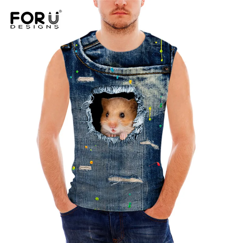 FORUDESIGNS/бренд для мужчин безрукавки для женщин хлопок спандекс жилет майка 3D кошка джинсы Тонкий Бодибилдинг мужской - Цвет: CA4913CG