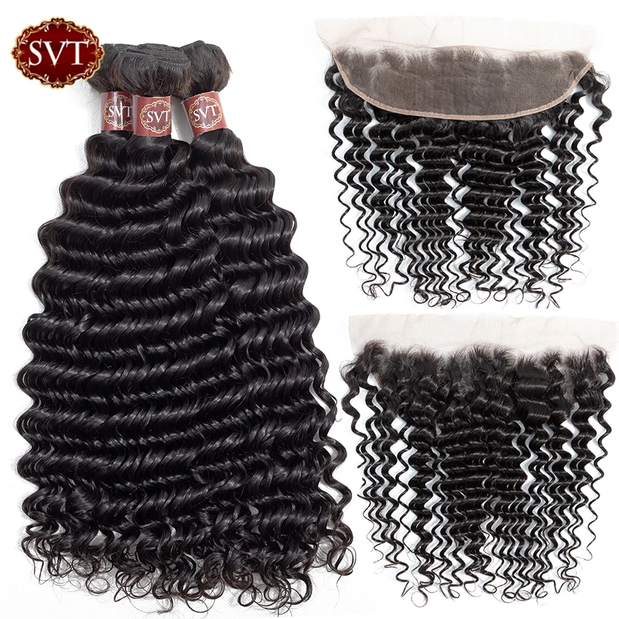 

SVT Hair Brazilian Deep Wave Bundles With Closure 100% Human Hair Extention 3 Pcs Human Hair Bundles With Frontal Non Remy