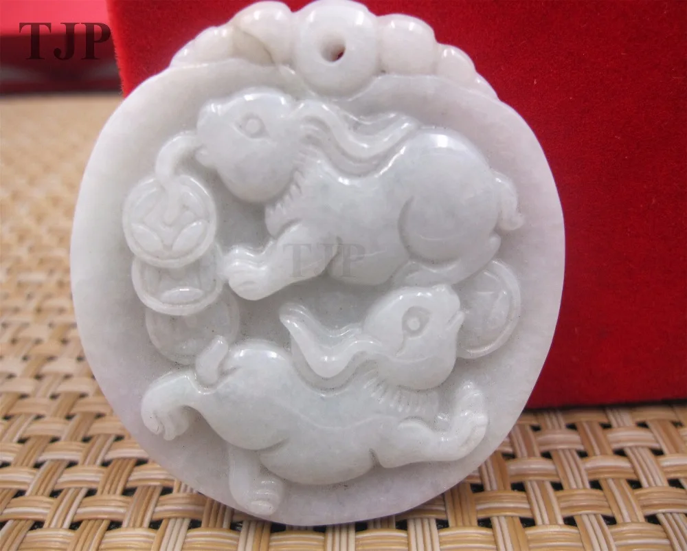 

Natural grade A jadeite carved round copper and rabbit Sweater pendants jade with certificate together