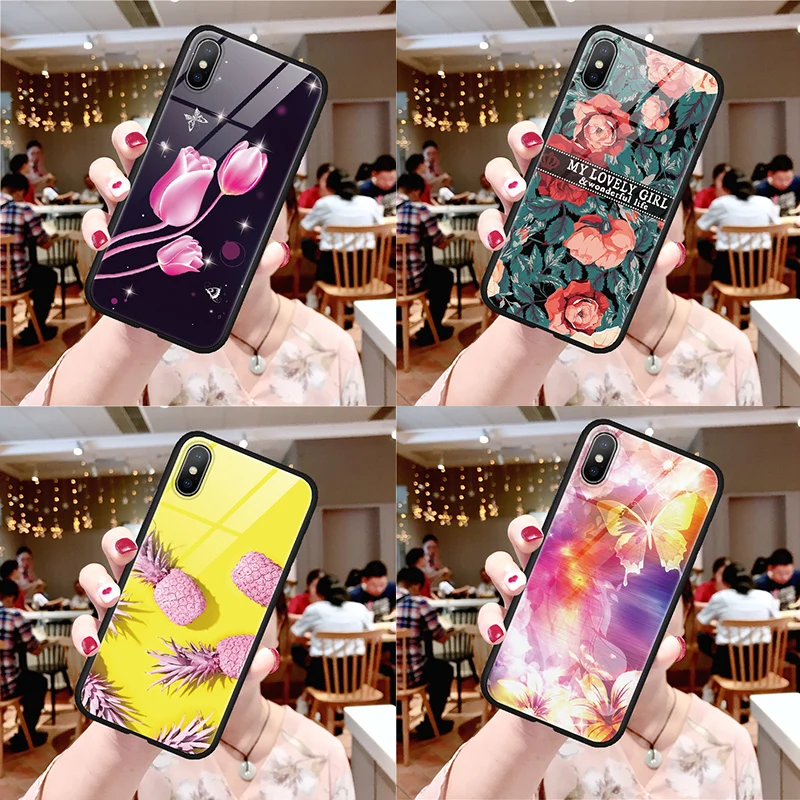 

Glitter Diamonds Tempered Glass + TPU Cases For iPhone XR XS MAX X 10 Coque Cover For iPhone 6 7 8 6 S Plus 9 Case Fundas Flower
