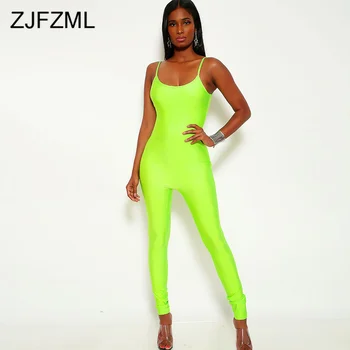 

Spaghetti Strap Sexy Fitness Overalls For Women Scoop Neck Sleeveless Bodycon Jumpsuits Summer Neon Green Backless Beach Rompers