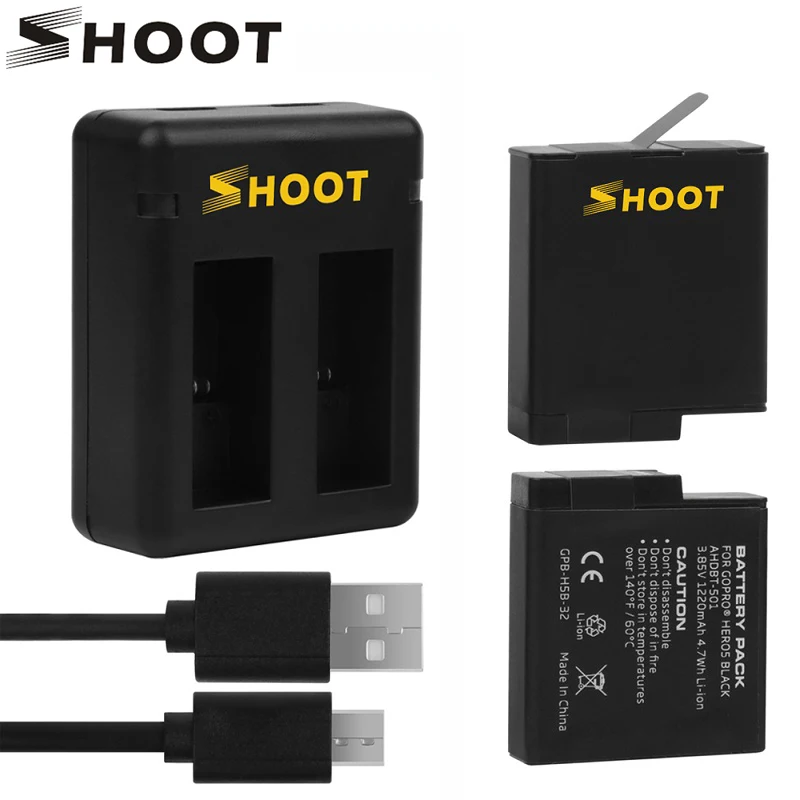 SHOOT Dual Port зарядное устройство с аккумулятором 1220 мАч AHDBT-501 для GoPro Hero 5 6 7 Black Go Pro