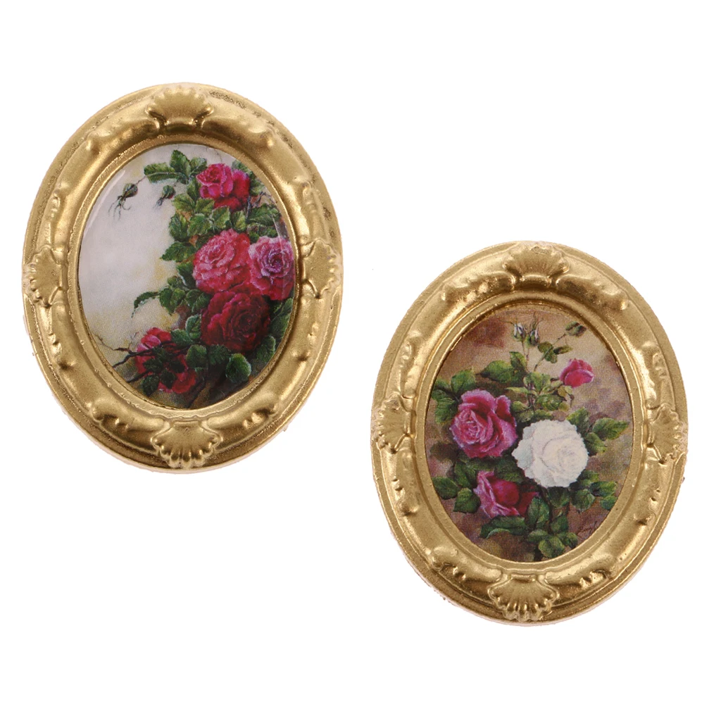 2Pcs Vintage Mini Metal Dollhouse Decor Furniture Kit Flower Picture Photo Frame for 1:12 Dolls House Miniature Accessories