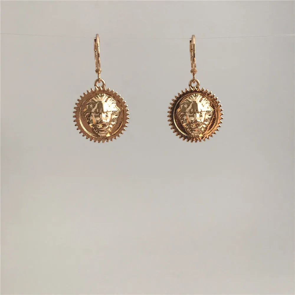 

UNIQUE EARRINGS GOLD COLOR PLATING LION ENGRAVED CHARM DROP EARRING FOR WOMEN GIRL