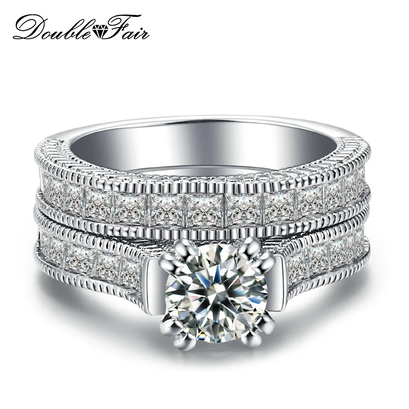 Double Fair New White Gold Color Wedding Ring Set For Women Fashion Jewelry Square Cut CZ Stone Around Rings For Finger DFDD023