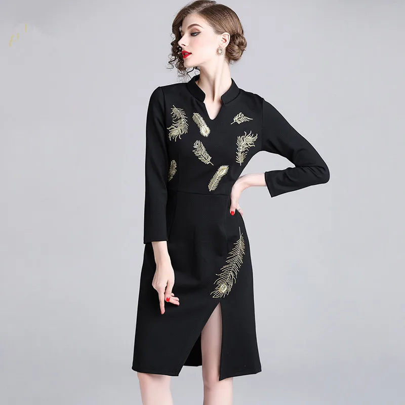 SunnyYeah Вышивка Черный Карандаш Bodycon платье Для женщин миди элегантное 2019 весна