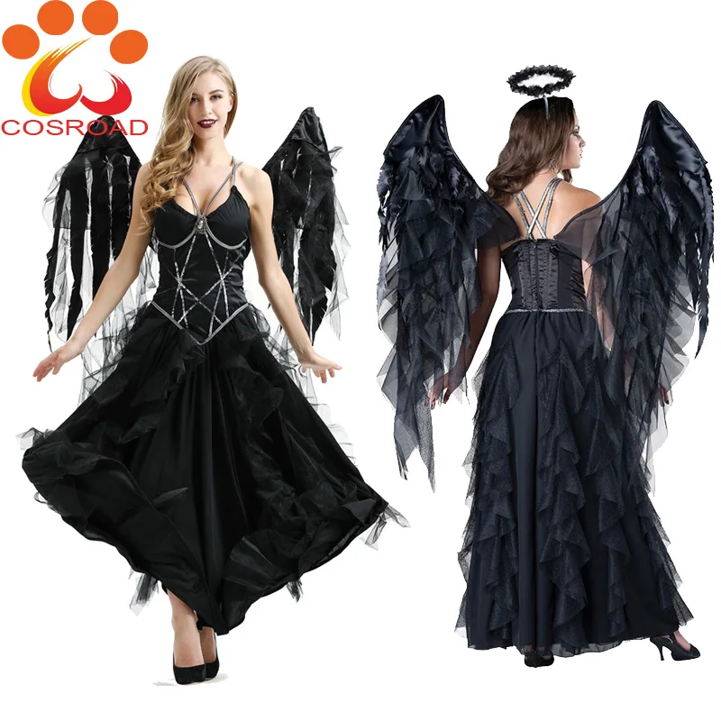 Cosroad Halloween Dark Angel Cosplay Dress Halloween Party Plays Black Skirt Angel Wings Devil Fallen Angel Women Costumes