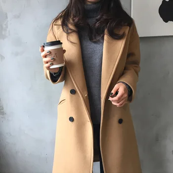 

New Spring Woolen Coat Trench Women Slim Double Breasted Black Winter Coats Long Outerwear for Women