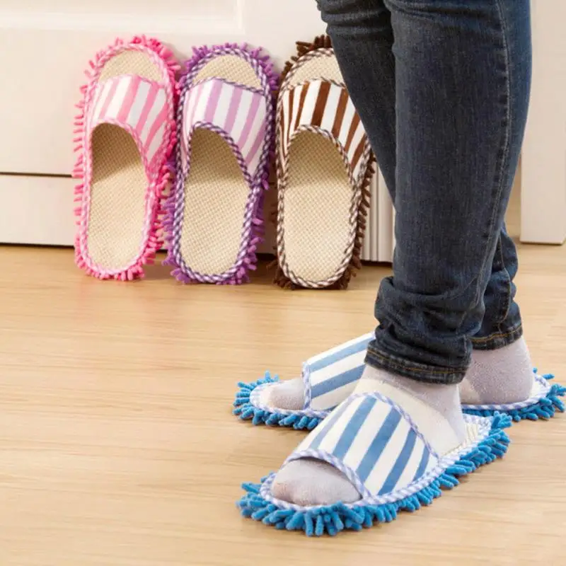 

Coral Fleece Slippers Polishing Washable Unisex Lazy Mop Slippers Chenille Striped Cleaning Home Floor Quick Foot Shoes Dusting