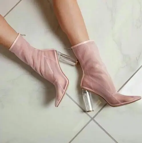 

Summer Newest Woman Grid Cutouts Boots Sexy Pointed Toe Thick Heels Ankle Boots 2017 Gladiator Boots