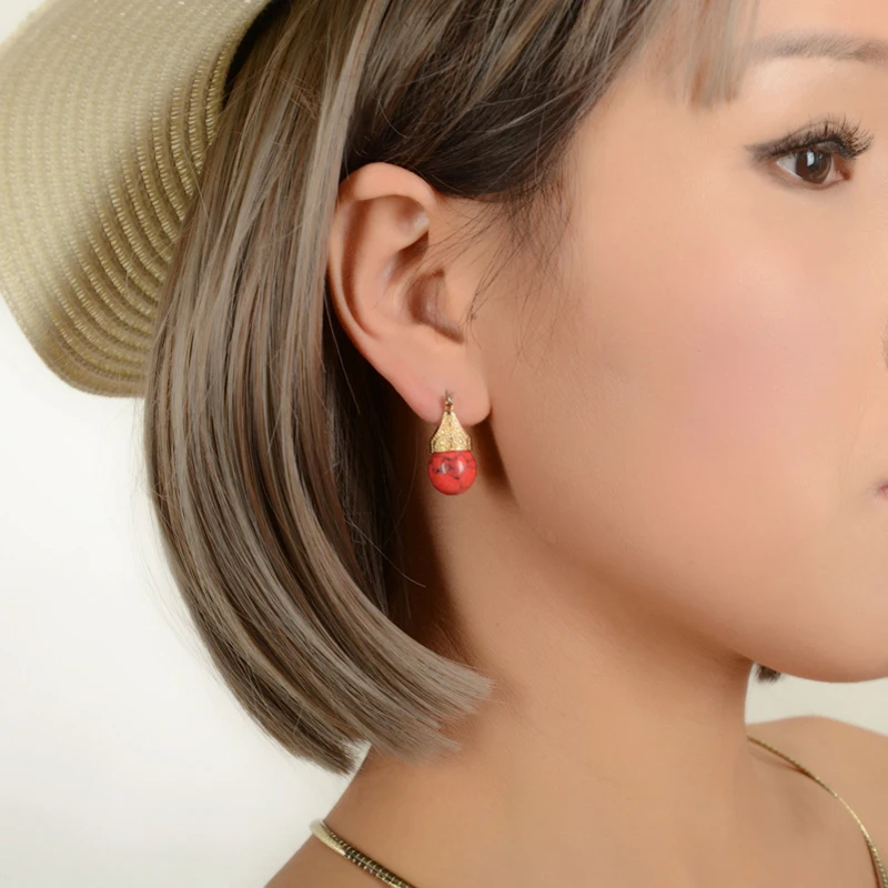 APY Accessories Vintage Style Red/Yellow Round Dangle Earring Classical Natural Stone Earrings for Women Fashion Jewelry | Украшения и