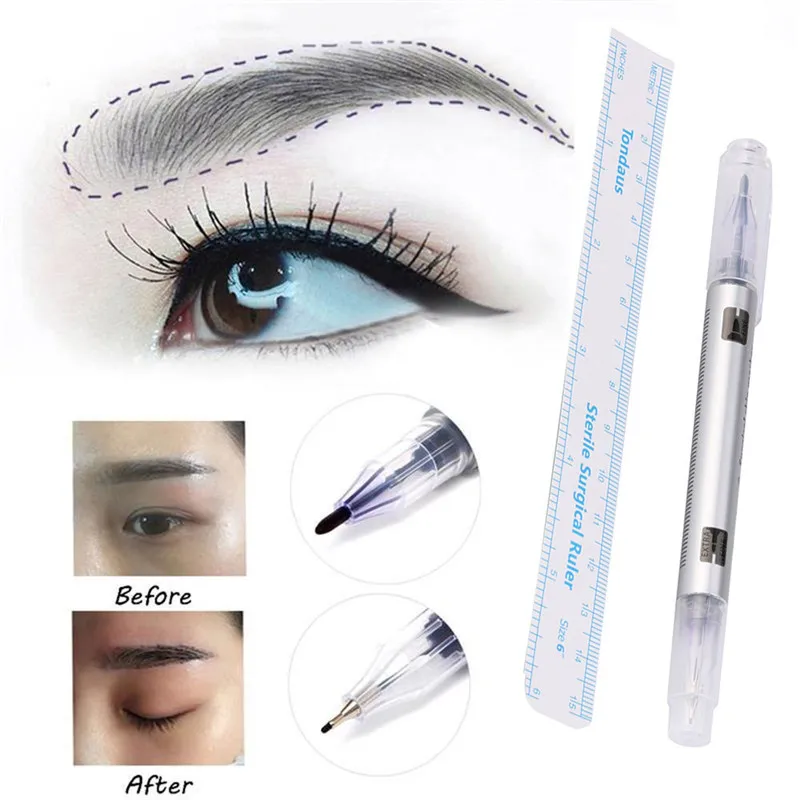 

2Pcs Microblading Tattoo Eyebrow Skin Marker Pen With Measure Measuring Ruler p#
