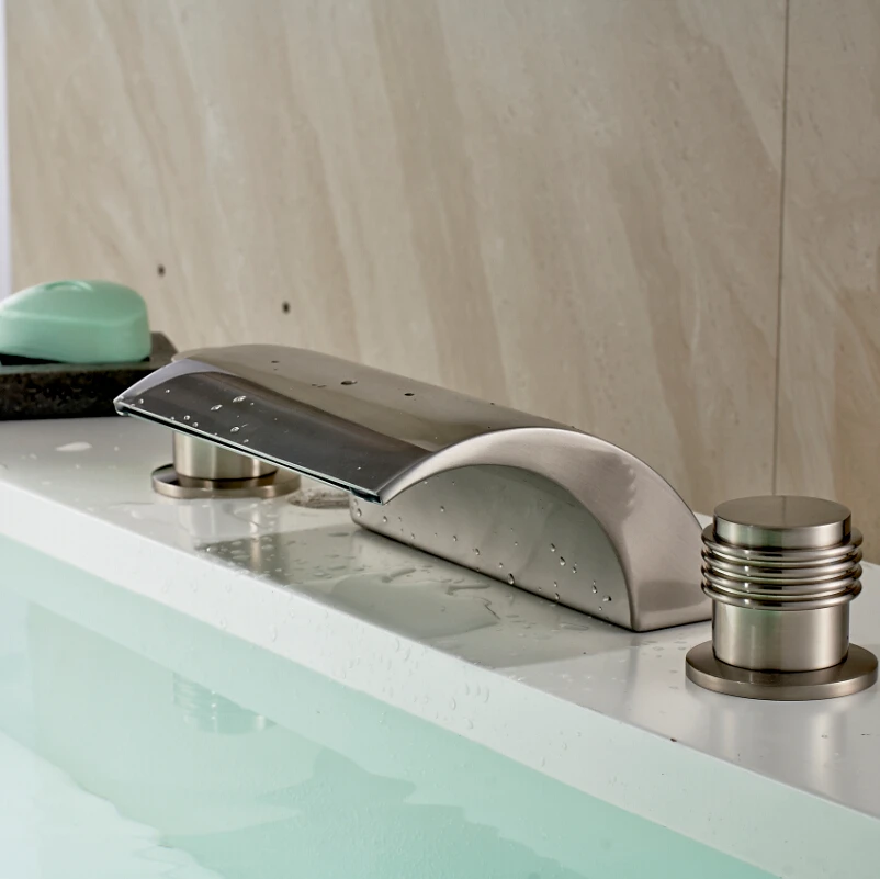Waterfall 3pcs Bathroom Sink Faucet Brushed Nickel Finished Deck Mounted Three Holes Basin Sink Mixer Taps