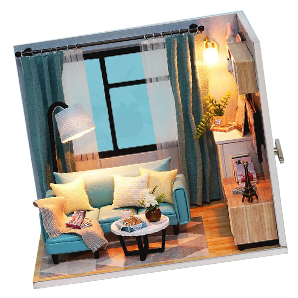 DIY Wooden Dollhouse Miniature Kit Furniture LED Light Corner of Living Room