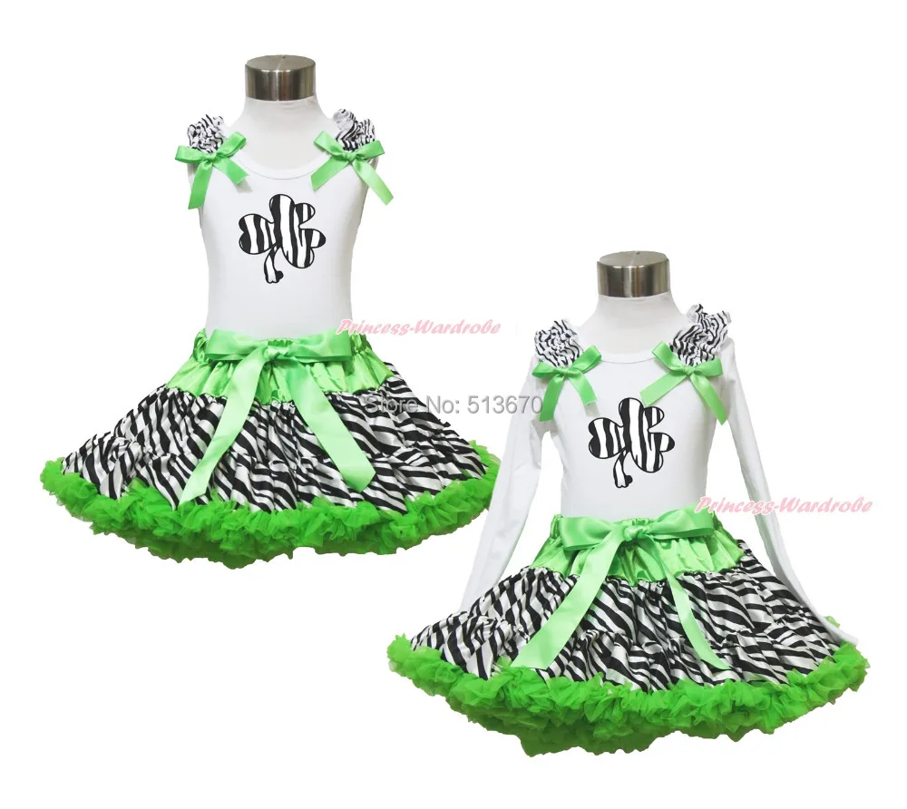 

St Patrick's Day Zebra Clover White Top Green Zebra Pettiskirt Girl Outfit 1-8Y MAPSA0377